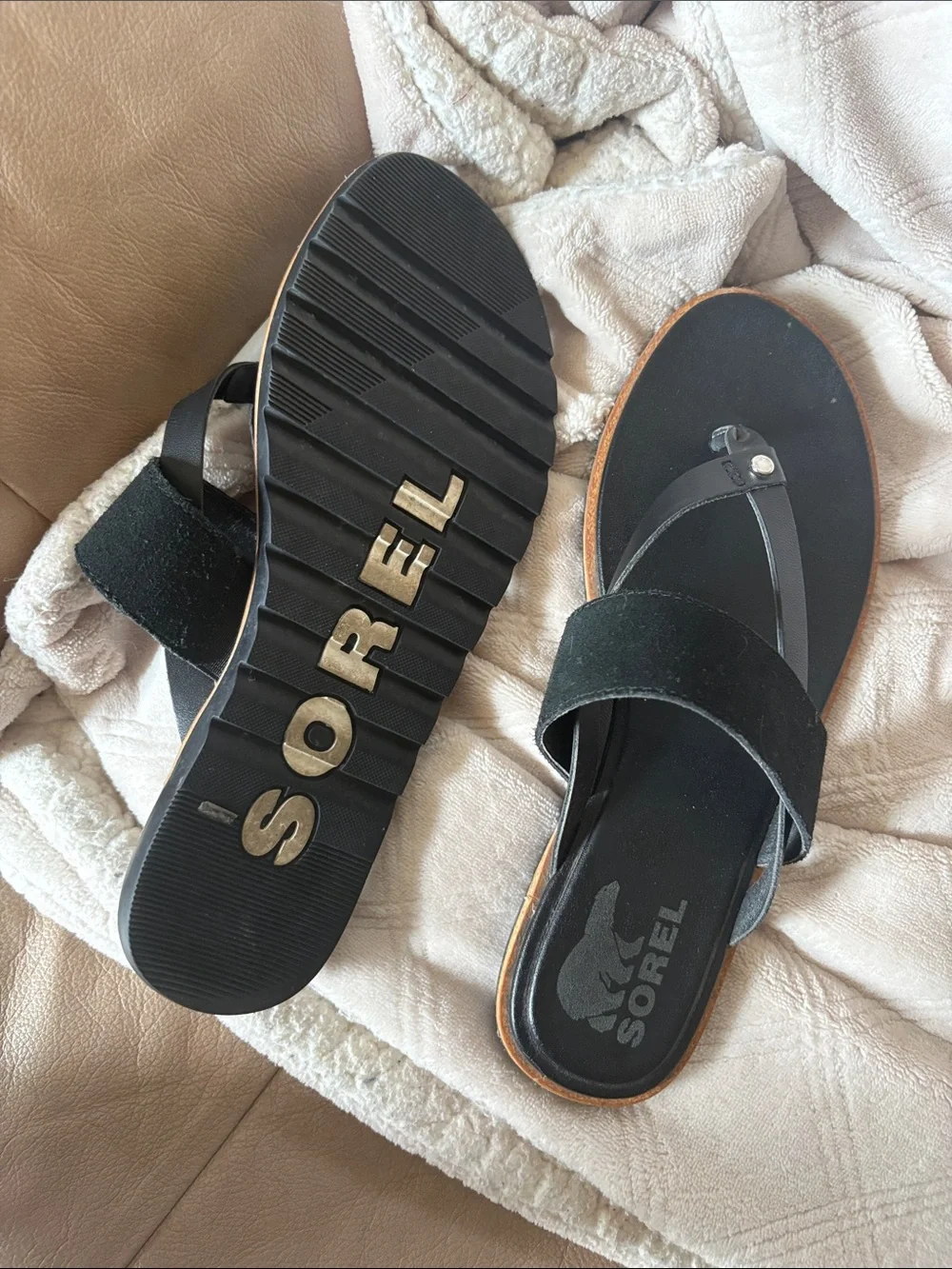 Sorel Black Leather & Suede Women's Slide Sandals